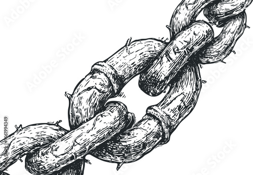 Detailed ink drawing of a weathered metal chain in a close-up perspective