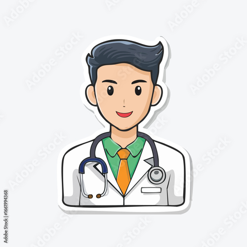 Cartoon illustration of a smiling male doctor wearing a stethoscope and medical coat.