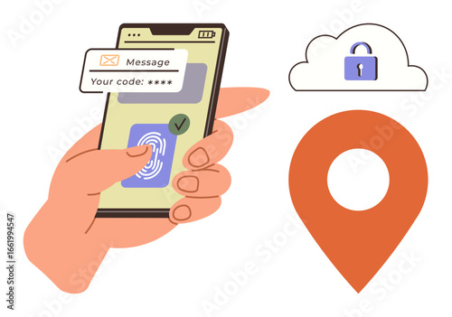 Hand using smartphone with fingerprint scanner and code verification. Cloud with lock and location pin. Ideal for digital security, privacy, mobile authentication, cloud access, GPS tracking, data