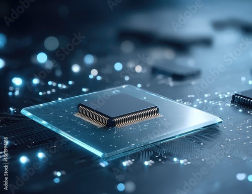 A central processing unit (CPU) rests on a transparent substrate, atop a circuit board illuminated by glowing blue nodes, suggesting advanced technology and computing power