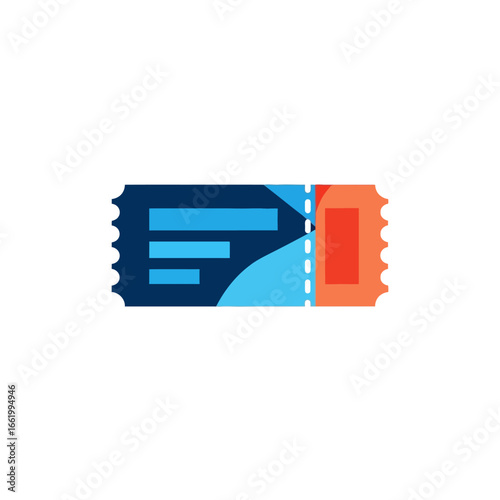 Illustration of a blue and orange ticket with jagged edges on a white background.