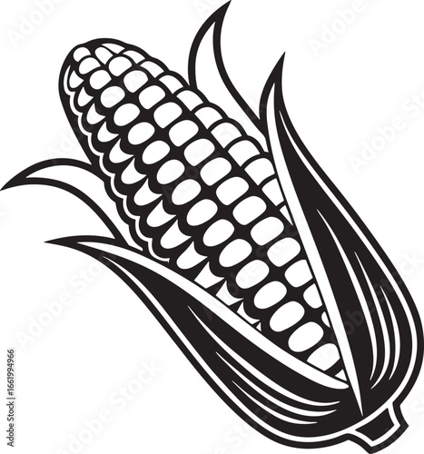 Corn Cob Illustration with Husk and Leaves