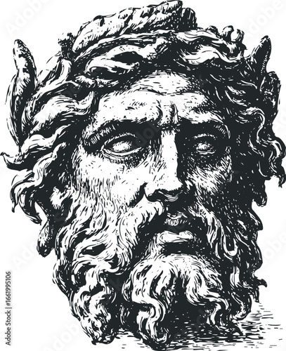 Ink Sketch of Ancient Bearded Man with Wreath