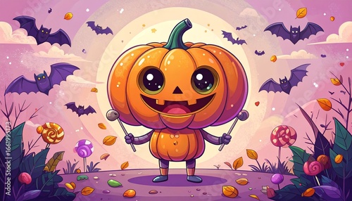 Cute Halloween pumpkin flat vector illustration with smiling face, candy, stars, and bats. Adorable kawaii style design perfect for festive decoration, poster, card, and pattern.