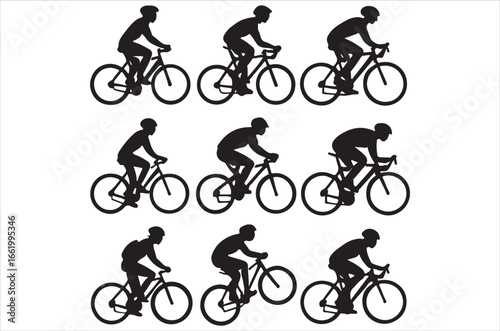 Cycling Silhouette Icon Set. Cycling Silhouette Bundle. Bicycle Rider Silhouette Collection. Cyclist Vector Silhouette Set. illustration, icon, vector art, bicycle player,  a withe background.
