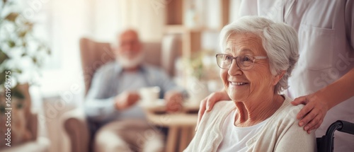 The elderly woman enjoying companionship and care in a warm home environment.
