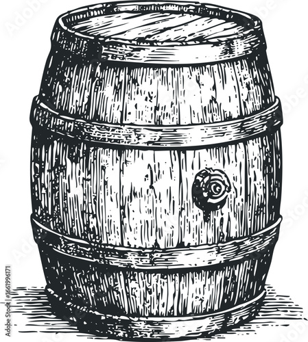 Detailed sketch of a wooden barrel with metal bands and a spigot