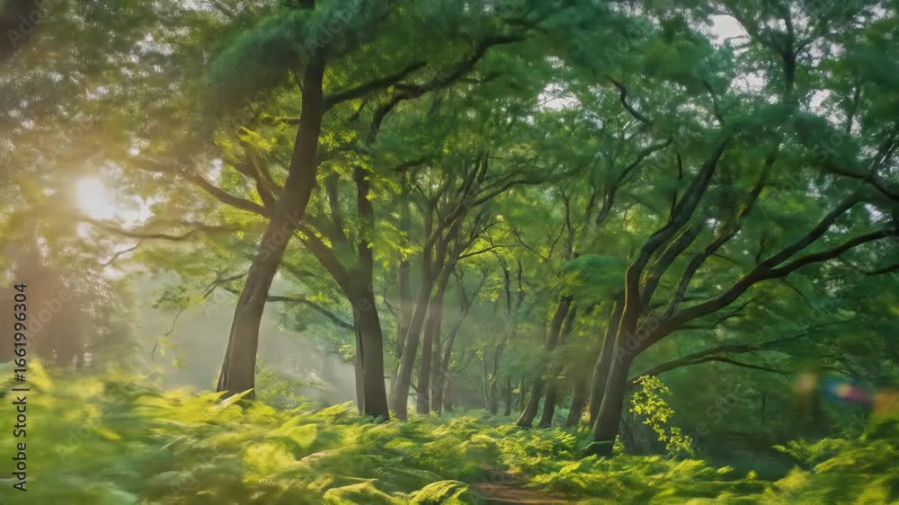 Sunlit Forest Path: Lush Greenery and Mist Shrouded Trees in a Tranquil Scene Sunlit Forest Path: Lush Greenery and Mist Shrouded Trees in a Tranquil Scene