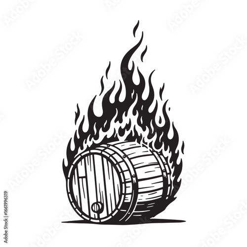 Burning barrel silhouette illustration showing flames and wooden wine beer storage concept