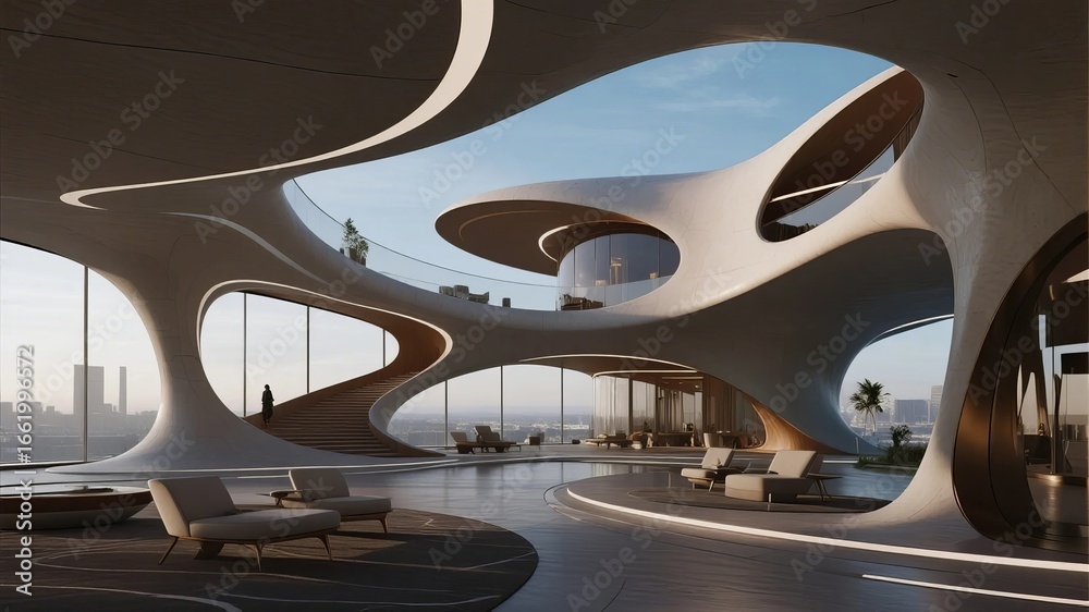 Fototapeta premium Modern Architectural Interior with Organic Curves and City View