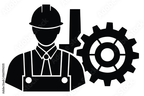 Construction worker with hardhat and mechanical gear symbolizes industrial strength and reliability
