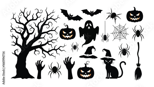 Halloween Silhouette Collection: A spooky compilation of eerie silhouettes, featuring a gnarled tree, menacing hands, creepy spiders, grinning pumpkins, hovering bats, a spectral ghost.