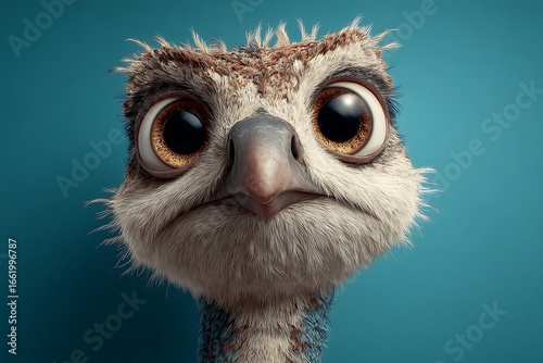 Intriguing and unusual detailed view of charming animated bird featuring large eyes and fun expression
