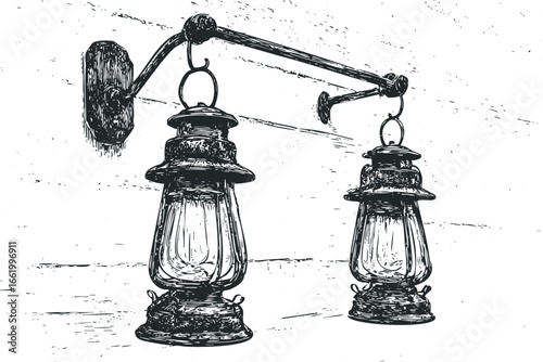 Antique hurricane lamps mounted on a wall fixture