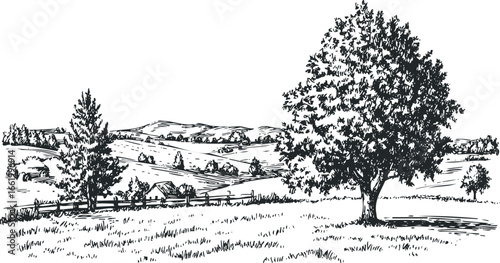 Hand-drawn sketch of a rural landscape with rolling hills and trees