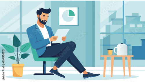Young man in business casual attire reading documents, enjoying coffee in modern office space with plants and large windows, showcasing productivity and focus. Adobe Illustrator Artwork, 