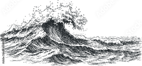 Powerful Ocean Wave Crashing with Detailed Hatch Marks in Monochrome