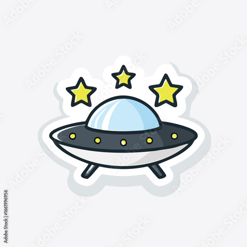 This cute, cartoonish doodle sticker features a cosmic blue and gray flying saucer hovering among bright yellow stars, perfect for space themes.