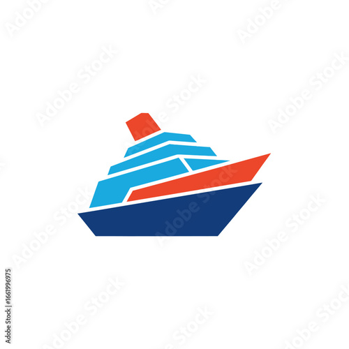 Stylized cruise ship icon with blue hull and red accents on a white background.