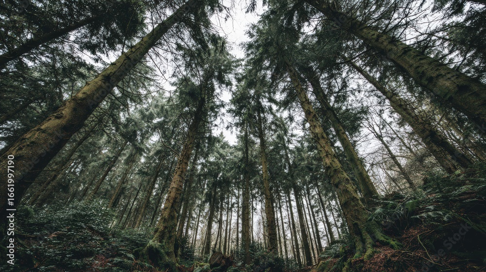 Fototapeta premium Tall evergreen trees reaching for the overcast sky in a dense forest