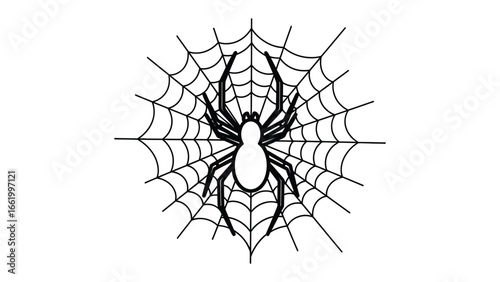 Spider in Its Web: A detailed, artistically crafted representation of a spider sitting prominently in the center of its intricate web, with focus on the eight-legged insect.
