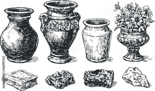 Line art rendering of antique ceramic vases and weathered rocks