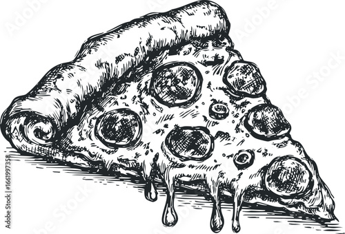 Pencil Sketch of a Delicious Slice of Pepperoni Pizza Dripping with Cheese