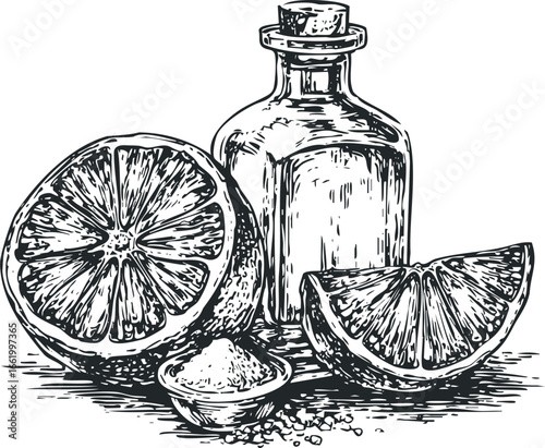 Still life with lemons and essential oil bottle