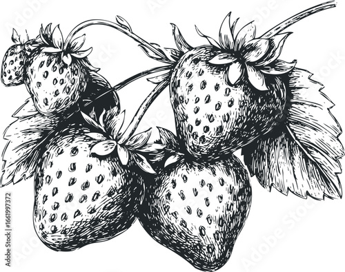 Hand drawn sketch of ripe strawberries on a vine with leaves