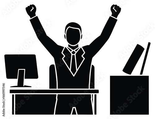 Excited business man raising arms at desk with computer and file cabinet in office