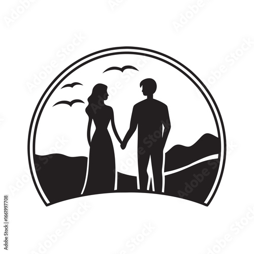 Couple Holding Hands Watching Sunset Silhouette
