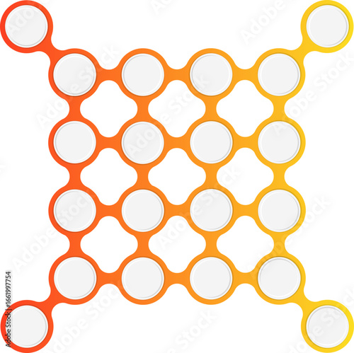 Interconnected circles grouped in a modular small square cluster with gradient outlines forming a geometric unit.