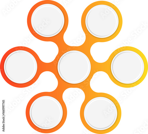 Symmetrical arrangement of interconnected circles forming a cluster with gradient outlines in red, orange, and yellow for modular infographic and diagram layouts.