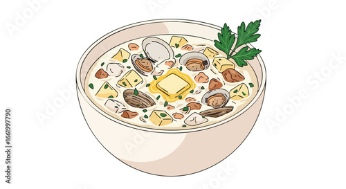 Illustration of a bowl of creamy clam chowder with parsley garnish, representing a comforting and delicious seafood meal concept