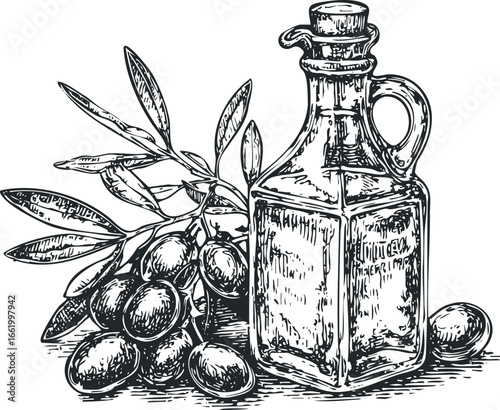 Ink Drawing of Olive Branch and Oil Bottle