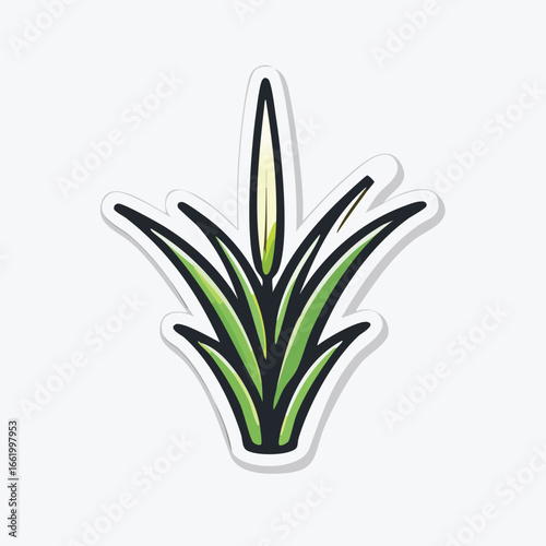 Illustration of a vibrant green plant with long leaves and a central white flower.