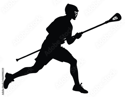 Lacrosse player silhouette in action running with stick poised ready to score a goal