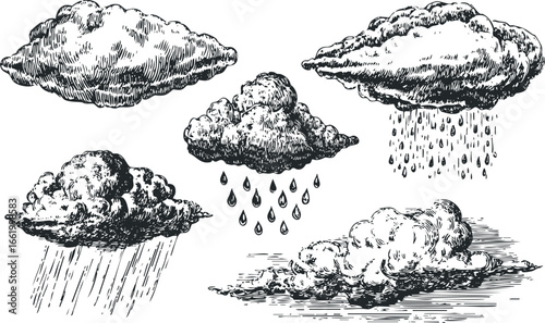 Collection of five hand-drawn clouds with rain showers and streaks
