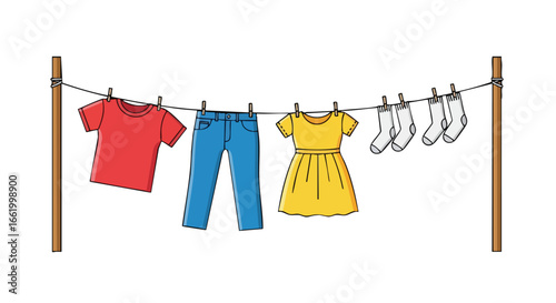 Cartoon illustration showcasing vibrant clothing items drying under the sun, a cheerful depiction of simple household chores and domestic life