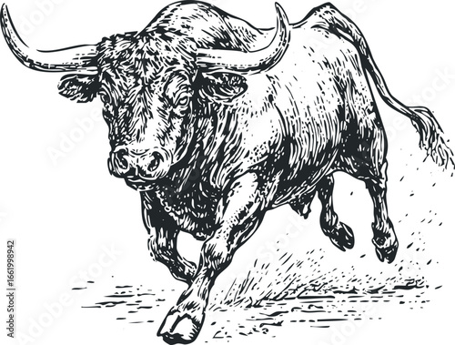 Powerful Raging Bull Charging Forward With Dust and Motion