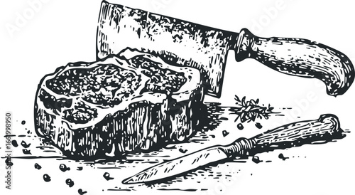 Raw steak cut ready for preparation with cleaver and knife