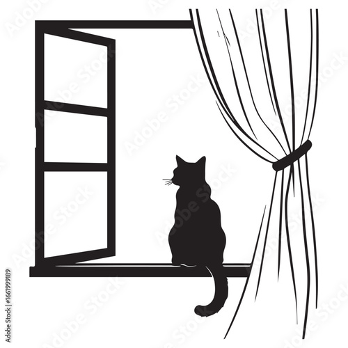 Vector art of black cat silhouette sitting on a windowsill looking out an open window with curtains