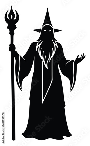 Mystical Wizard Silhouette with Staff Pointed Hat and Long Beard conjuring magic for fantasy illustrations