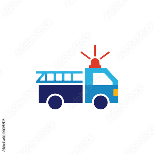 Illustration of a blue fire truck with a ladder and a red siren.
