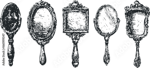 Collection of ornate handheld mirrors with decorative handles