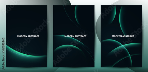 Modern Abstract Green Wave Gradient On Dark Backgrounds Set.