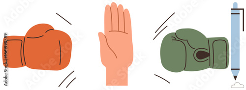 Red boxing glove, open hand, green glove, and pencil aligned conceptually. Ideal for conflict resolution, decision-making, teamwork, creativity competition balance focus. Simple flat metaphor