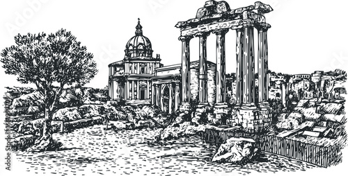 Sketch of ancient stone ruins with classical columns and a domed building