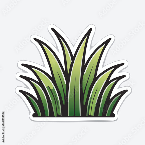 Detailed illustration of a vibrant green grass clump with sharp blades and a black outline.