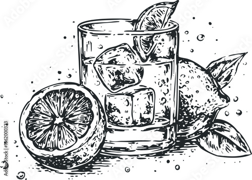 Hand Drawn Sketch of Refreshing Cocktail with Ice and Citrus Slices